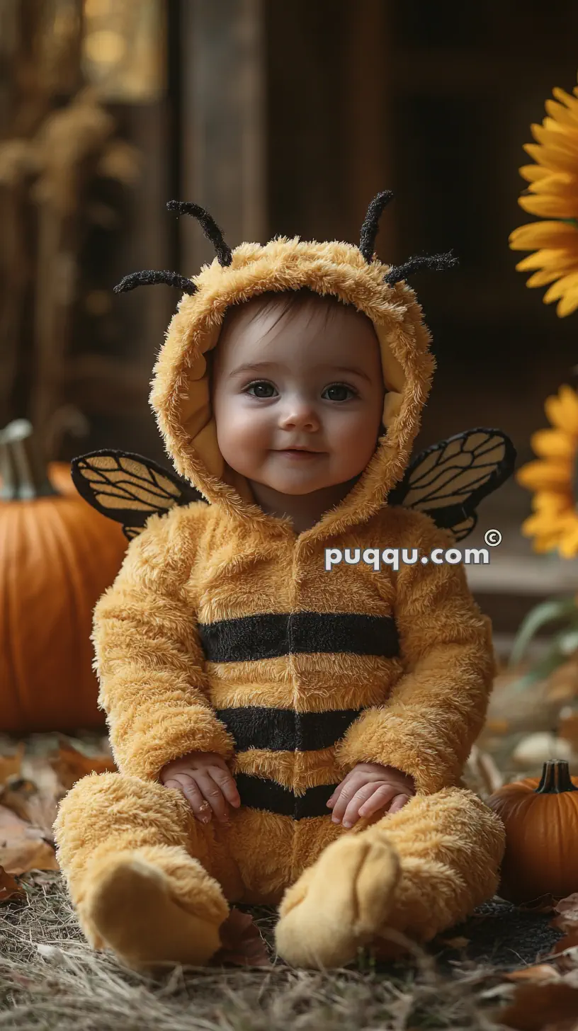 Baby in a fuzzy bee costume with wings, sitting outdoors with pumpkins and sunflowers in the background.