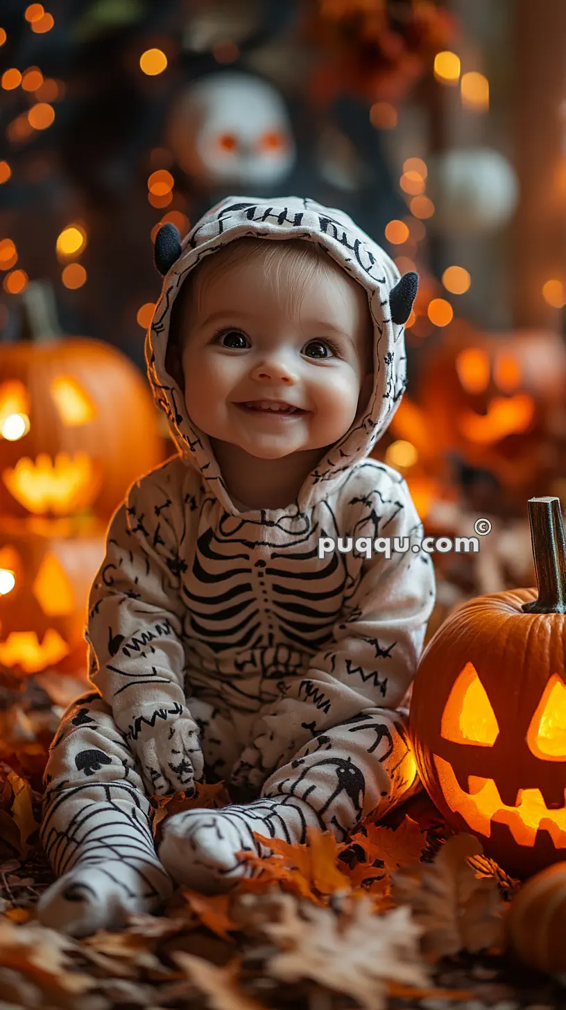 Baby in a skeleton costume sitting among illuminated jack-o'-lanterns and autumn leaves with Halloween decorations in the background.