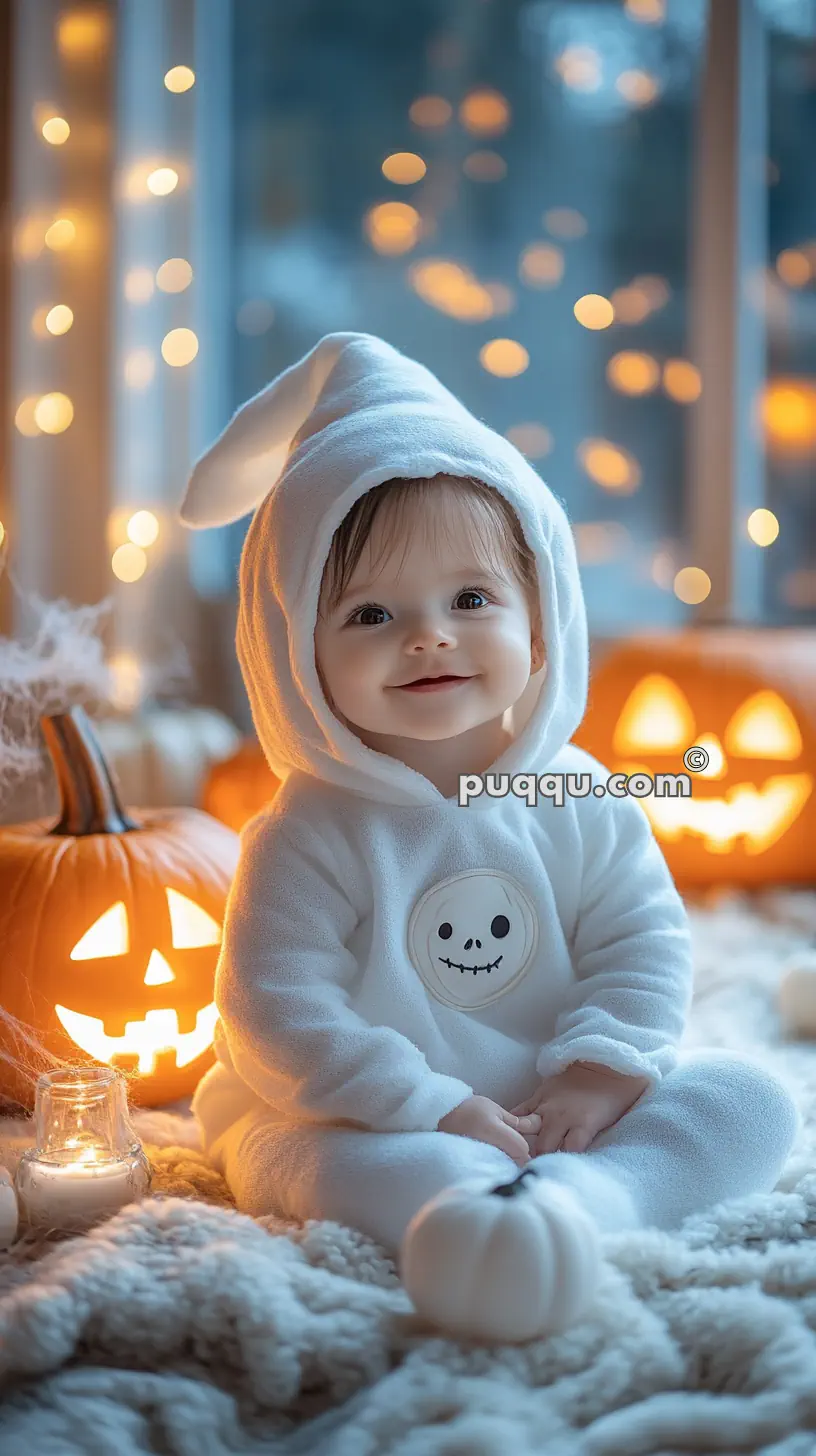 Baby in a white onesie with a ghost face design, sitting among carved pumpkins and fairy lights.