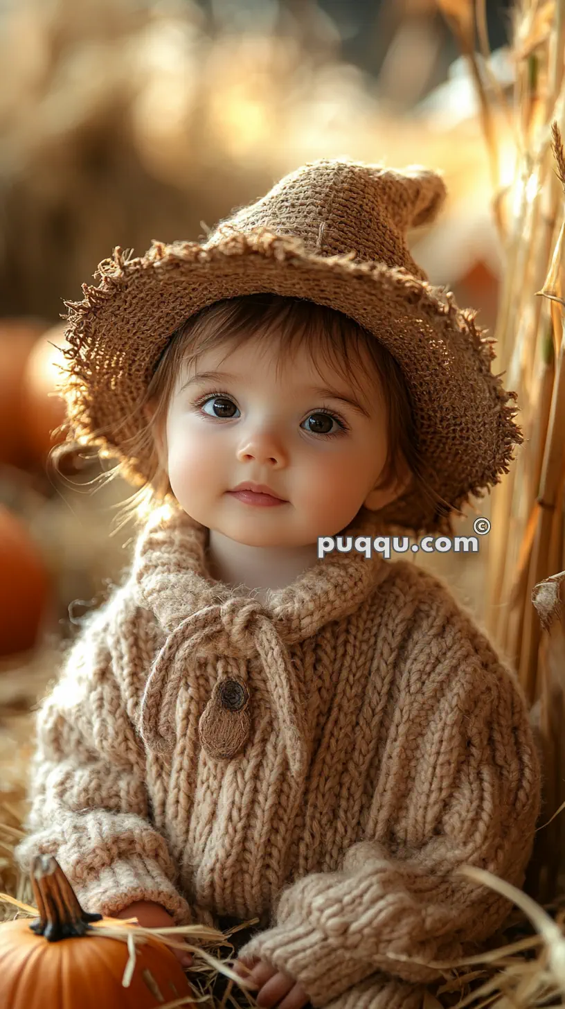 A toddler wearing a straw hat and a knitted sweater sits among pumpkins and straw.