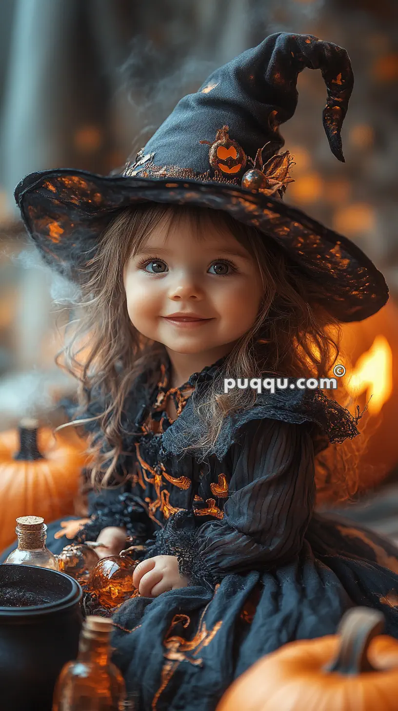 A young child wearing a witch costume with a tall black hat and a black dress decorated with orange details, surrounded by pumpkins and potion bottles.