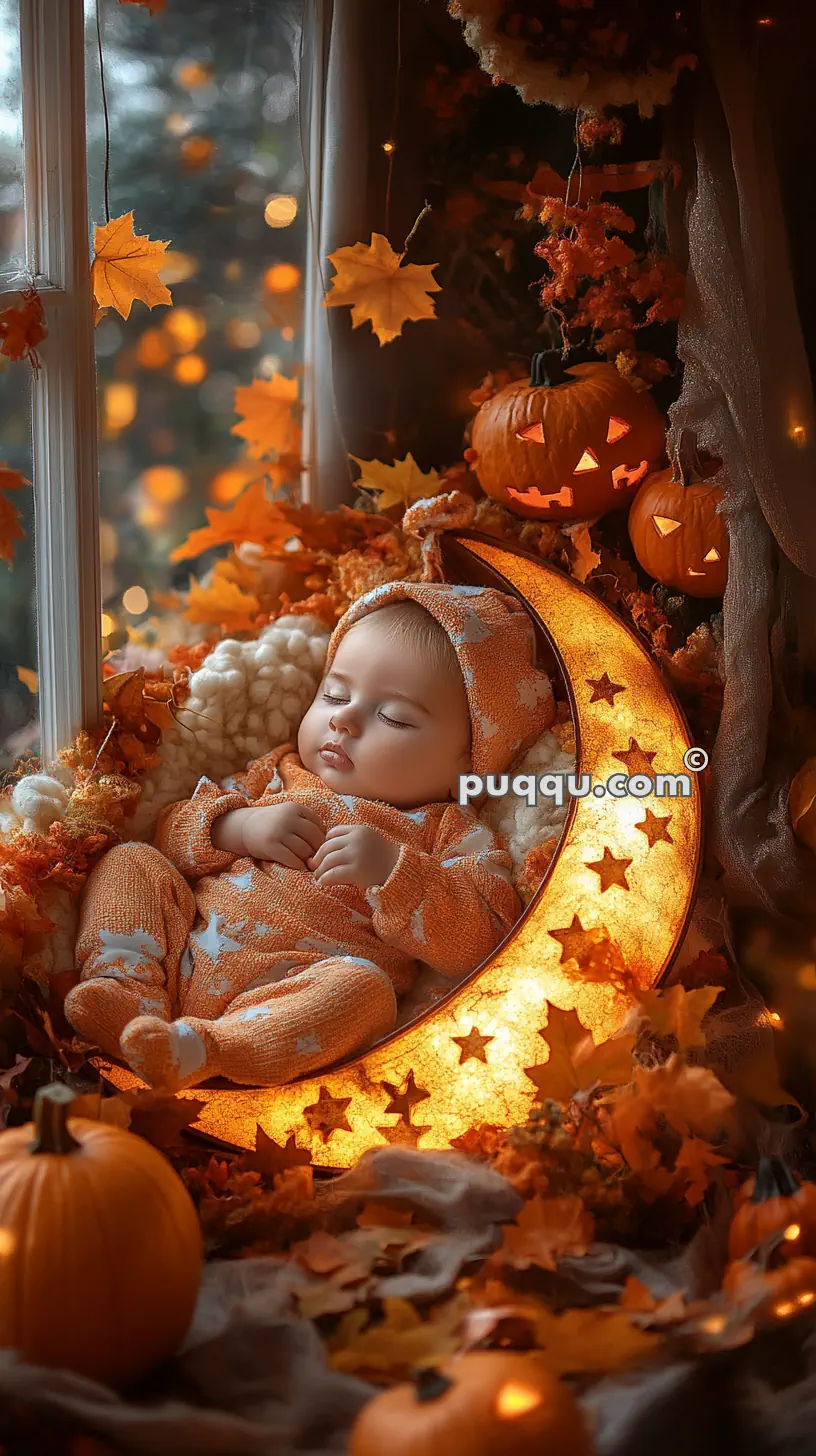 A baby dressed in an orange outfit is sleeping on a glowing crescent moon cushion, surrounded by autumn leaves, pumpkins, and jack-o'-lanterns near a window.