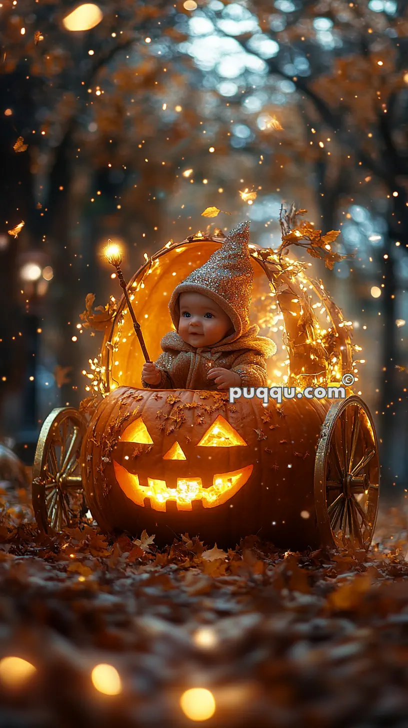 A baby dressed in a sparkling outfit sits inside a pumpkin carriage illuminated with lights, in a festive, autumnal setting with falling leaves and glowing lanterns.