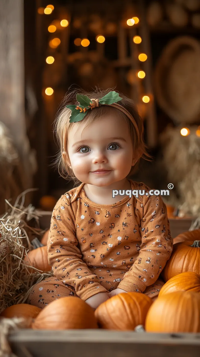 A baby in an orange outfit with a green leaf headband sitting among pumpkins and hay bales with warm, blurry lights in the background.