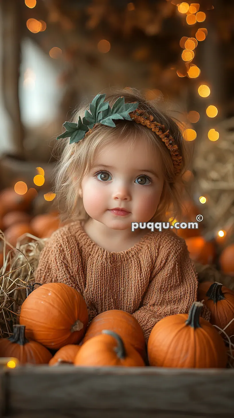 A young child with large eyes and wearing a leaf headband sits among small pumpkins, with twinkling lights in the background.