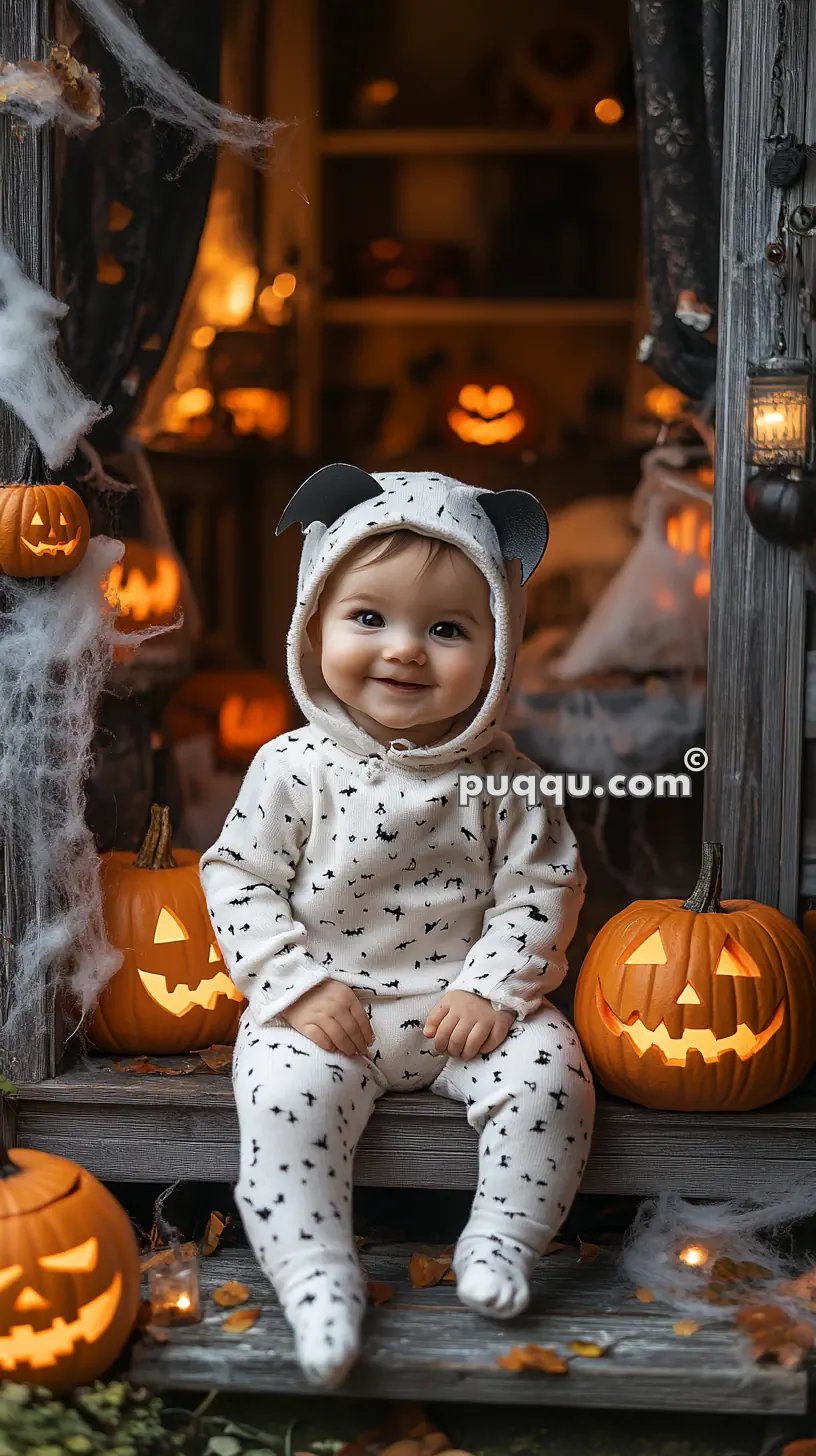 Baby in a Halloween-themed outfit sitting on a porch decorated with jack-o'-lanterns and cobwebs.