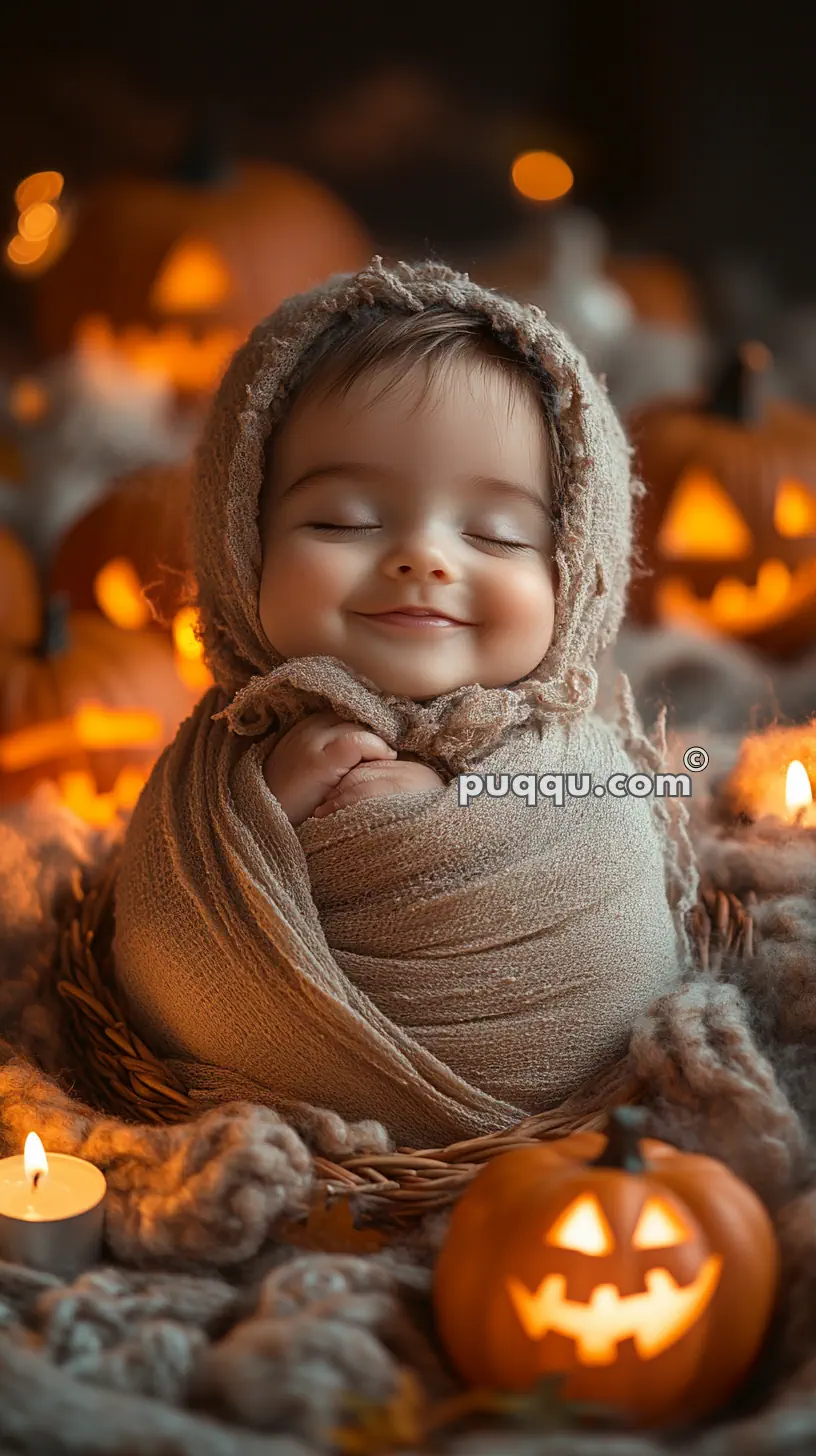 A baby wrapped in a soft blanket, surrounded by lit jack-o'-lanterns and candles.