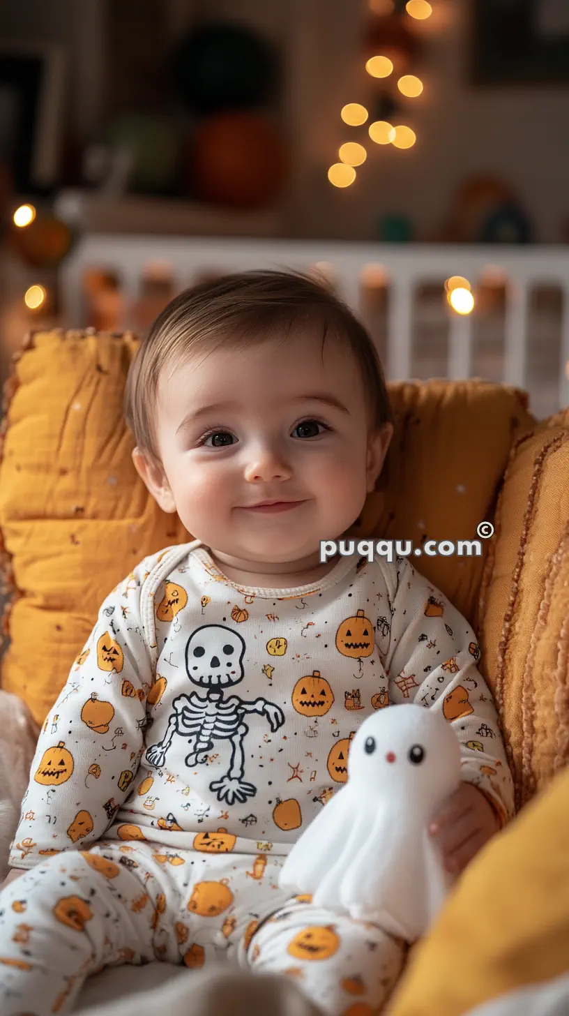 Baby wearing Halloween-themed pajamas with pumpkins and skeletons, holding a small white ghost plush toy, seated on a mustard-yellow cushion with blurred lights in the background.