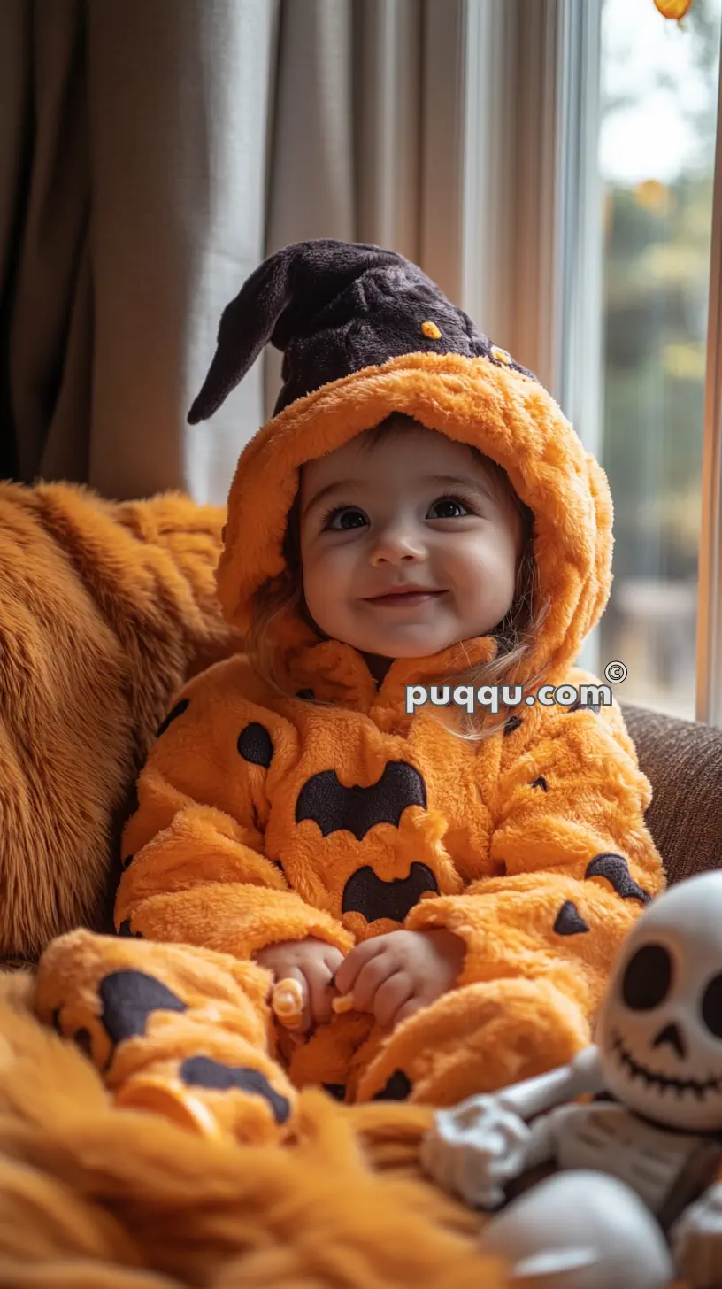 Baby dressed in an orange Halloween costume with black bats and a pointy hat, sitting on a brown couch next to a small skeleton toy.