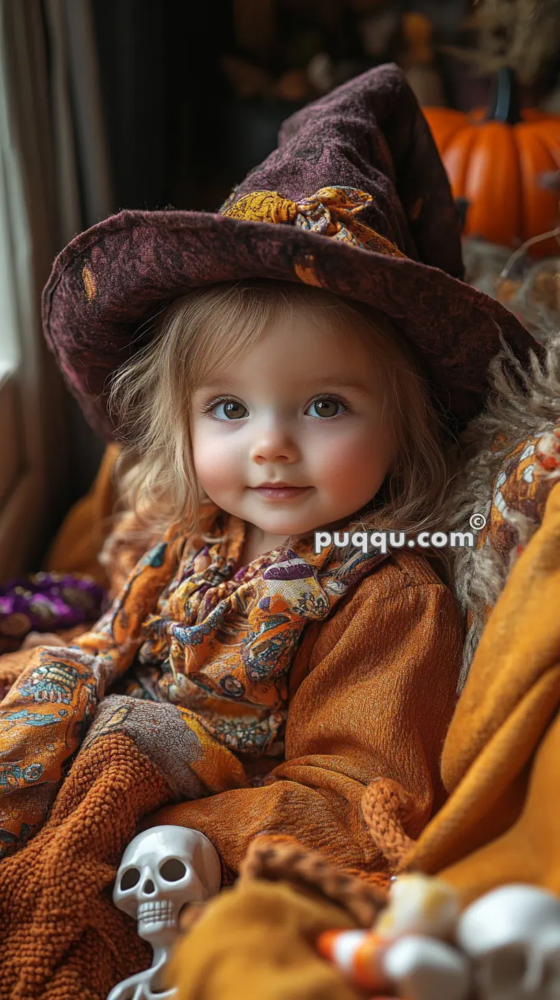 Child wearing a witch hat, sitting amidst Halloween decorations, with an orange pumpkin in the background.