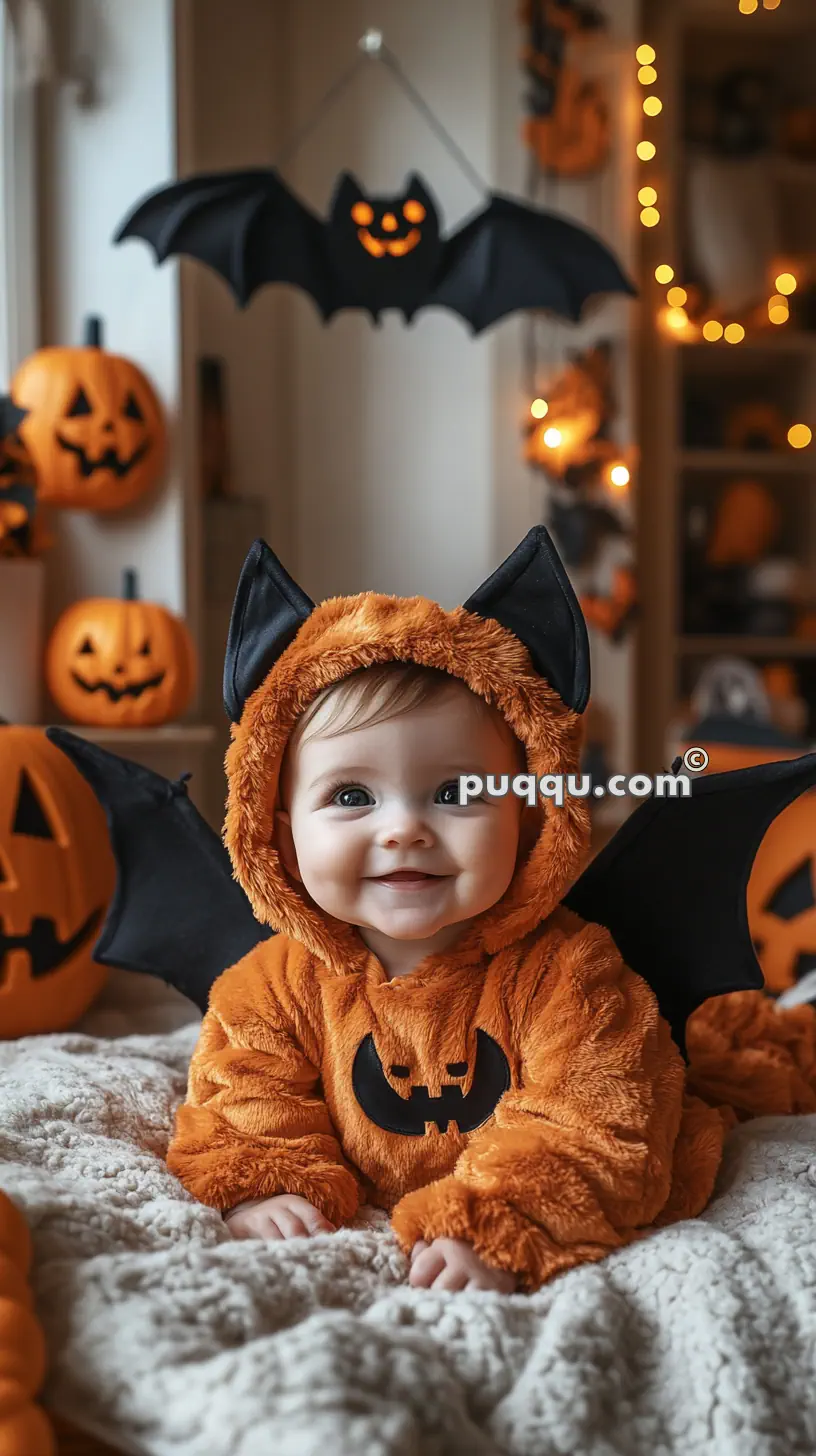 A baby dressed in an orange bat costume with black wings and ears, surrounded by Halloween decorations including jack-o'-lanterns and hanging bats, smiling while sitting on a blanket indoors.