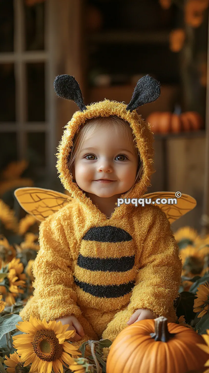 Baby dressed in a bee costume sitting among sunflowers and pumpkins.