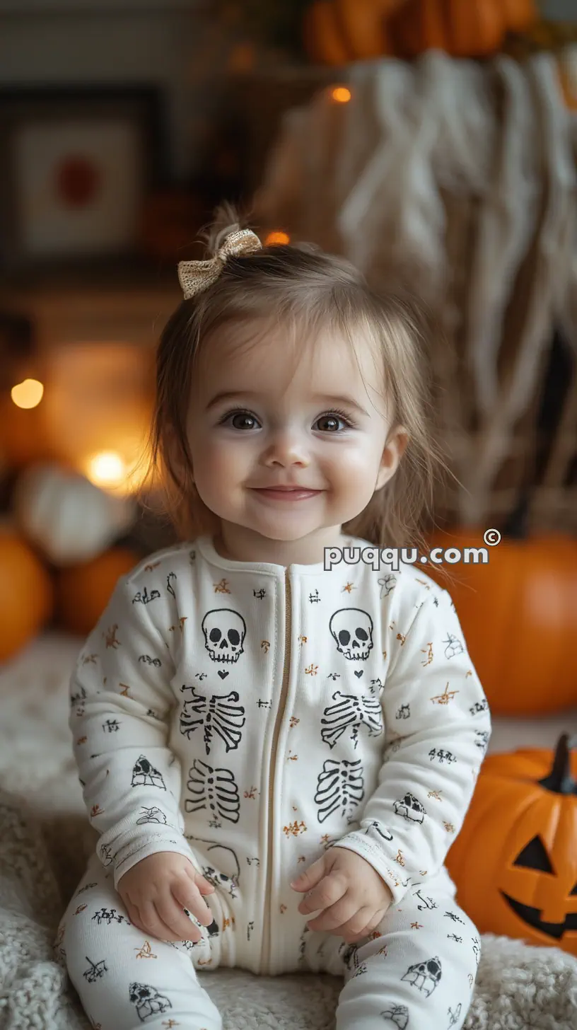 A baby wearing a skeleton-themed onesie sits on a fuzzy blanket with Halloween decorations, including pumpkins, in the background.