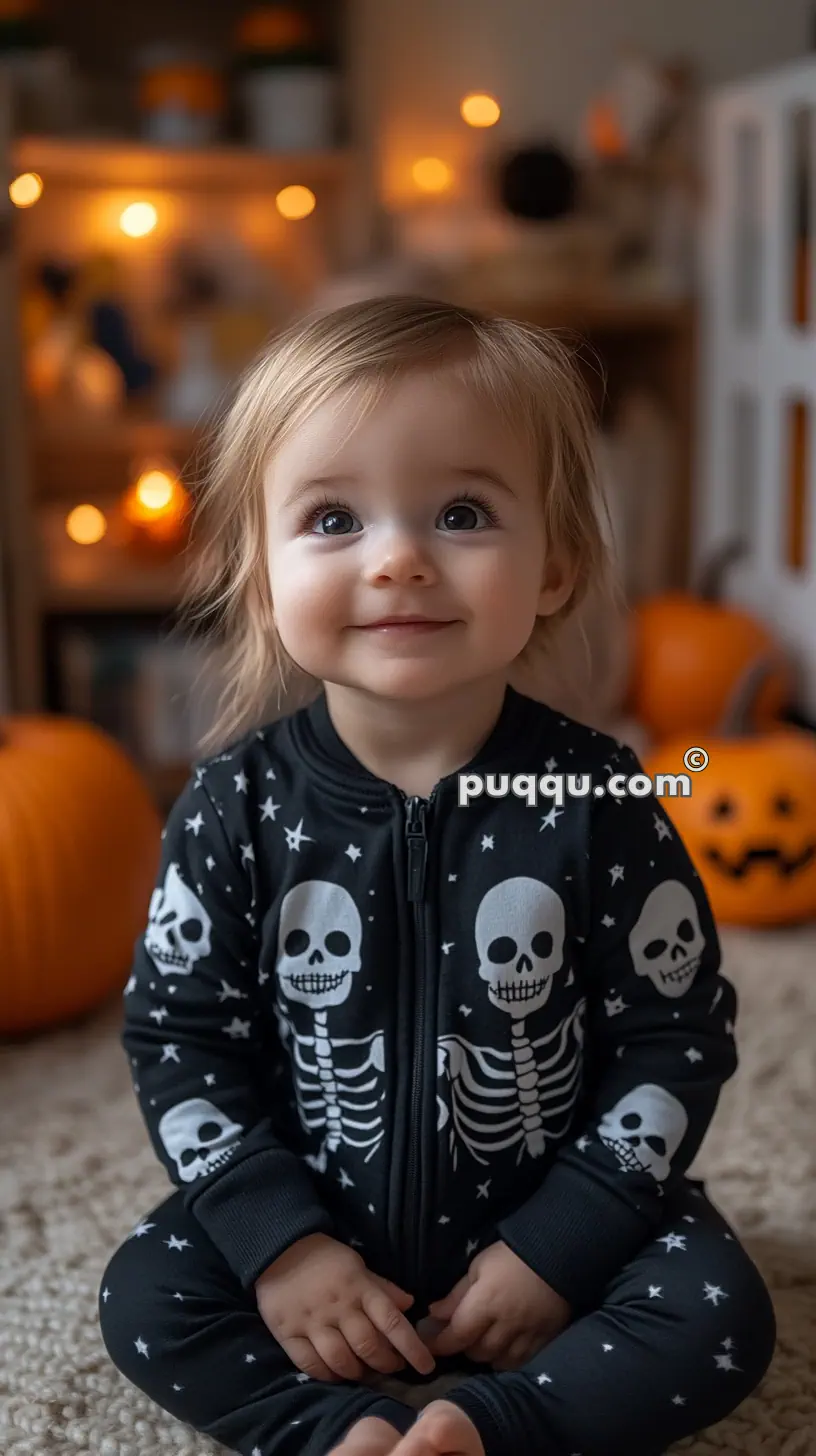 Toddler in a skeleton-themed onesie sitting with Halloween decorations and pumpkins in the background.