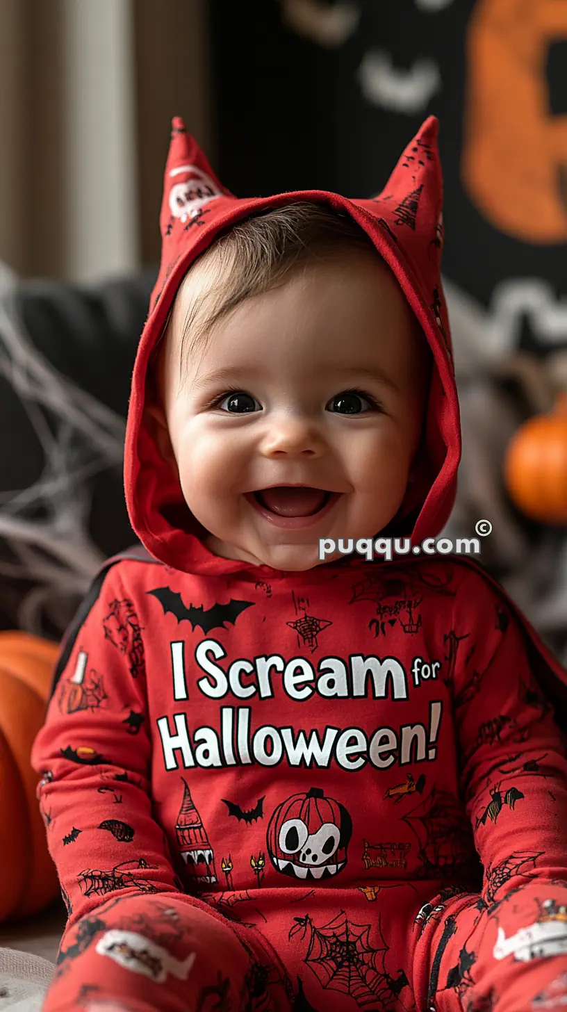 Baby in a Halloween-themed outfit with "I Scream for Halloween!" text, wearing a red hood with devil horns and Halloween motifs in the background.