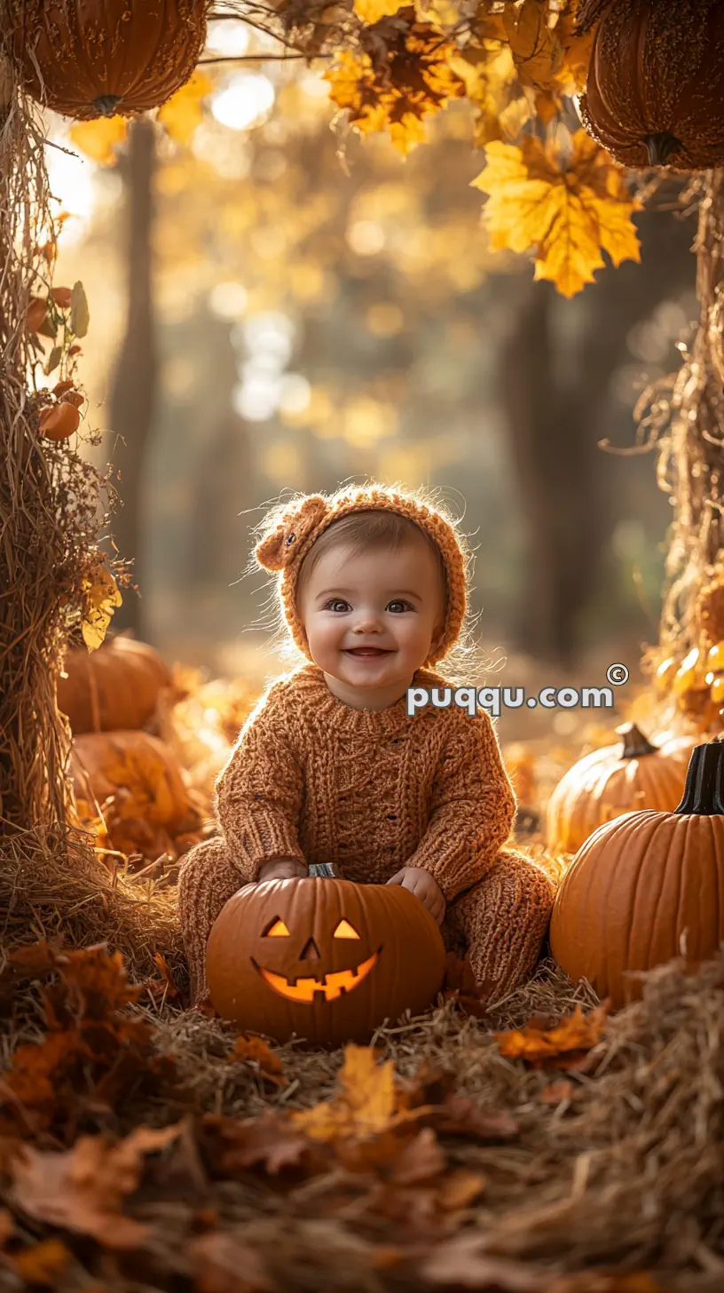 A smiling baby in a knitted orange outfit and headband, sitting among pumpkins and autumn leaves, holding a lit jack-o'-lantern.