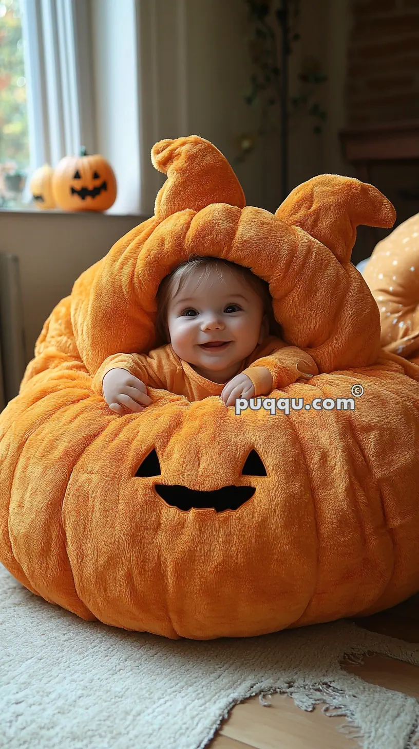 Baby sitting inside a large plush pumpkin toy with a jack-o'-lantern face, smiling and wearing an orange outfit; a smaller jack-o'-lantern is visible in the background near a window.