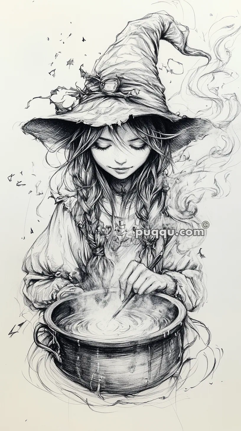 Illustration of a young witch with braided hair, wearing a tattered hat, stirring a steaming cauldron.