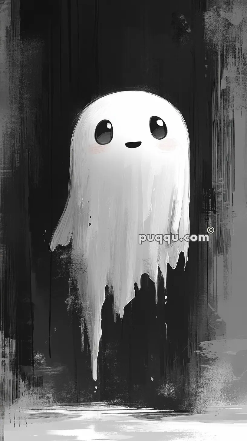 Cute ghost illustration with a smiley face against a dark, abstract background.