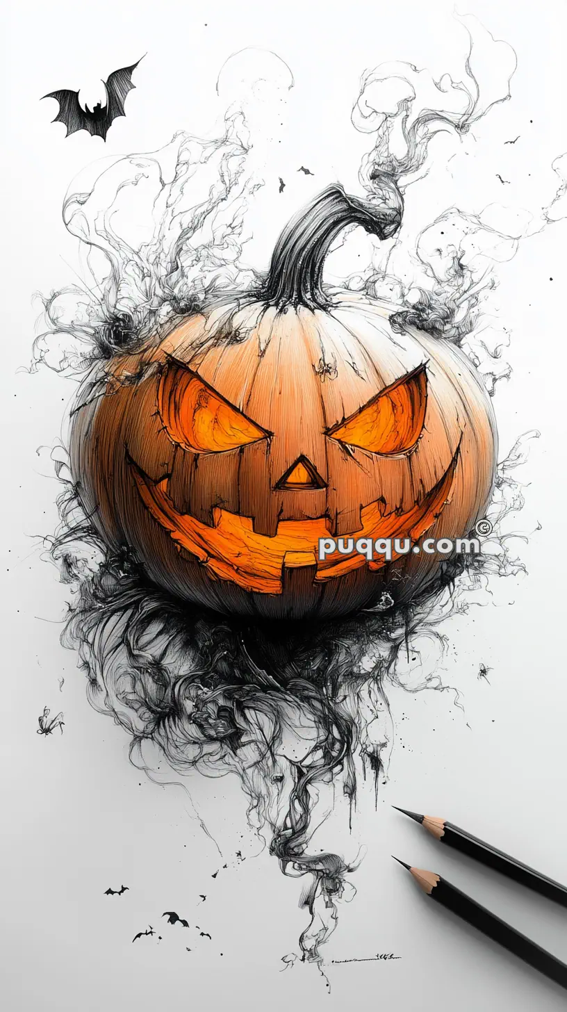 A drawing of a jack-o'-lantern with a menacing face, surrounded by swirling smoke and bats, with two pencils at the bottom right corner.