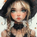 Illustration of a young girl with braided blonde hair, a witch hat adorned with pumpkins, holding a carved jack-o'-lantern.