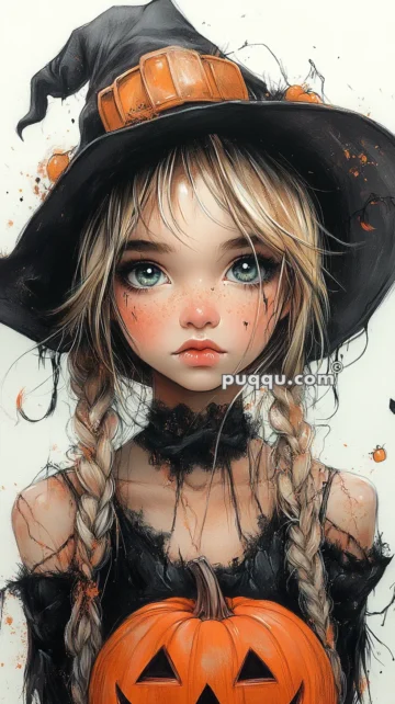 Illustration of a young girl with braided blonde hair, a witch hat adorned with pumpkins, holding a carved jack-o'-lantern.