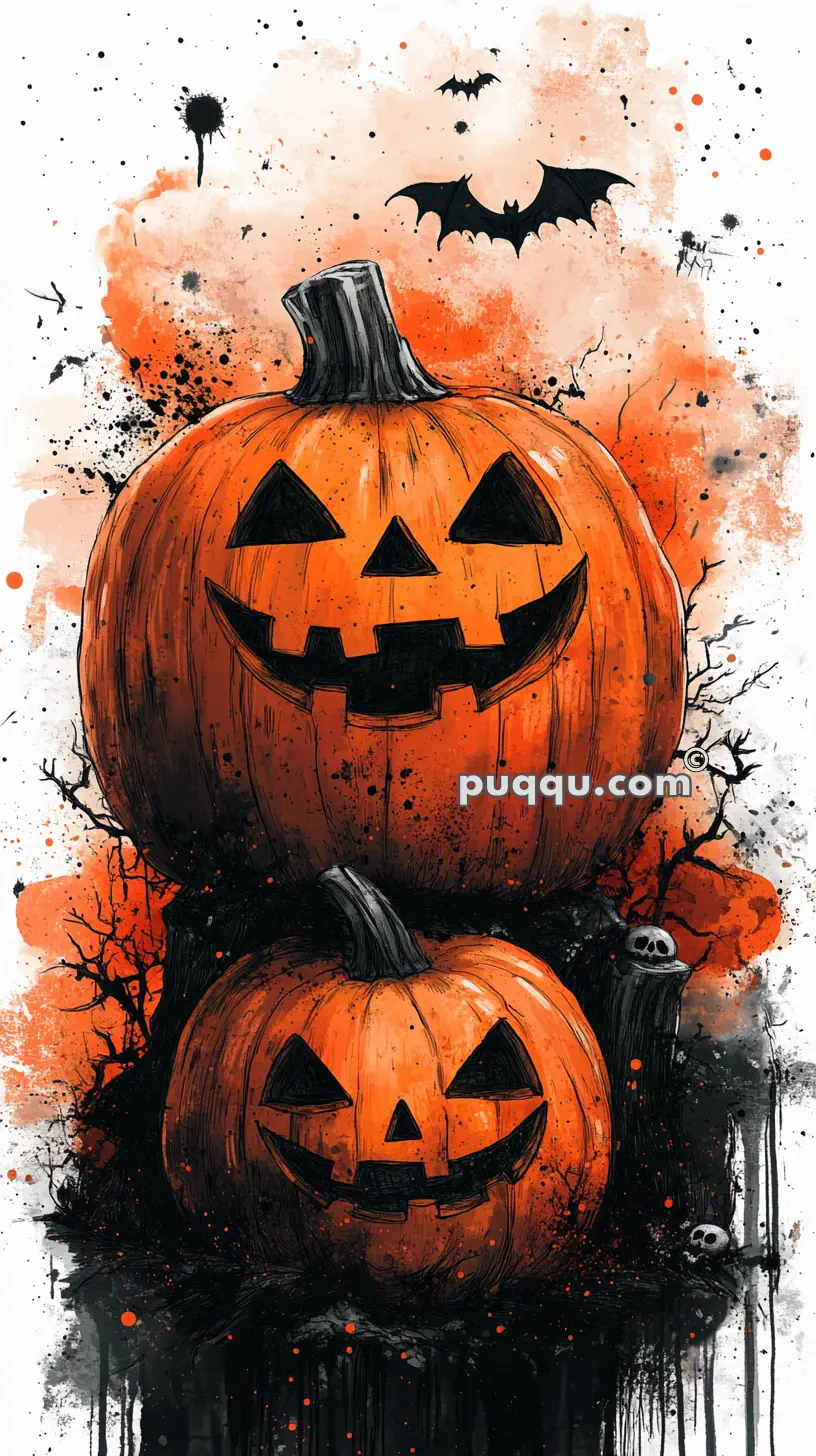 Two Halloween pumpkins with carved faces stacked on top of each other, set against an orange and black splattered background with bats and spooky trees.