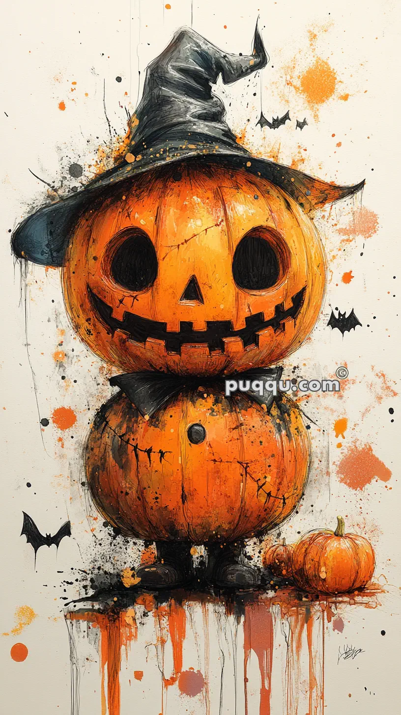 Halloween-themed artwork featuring a two-tiered jack-o'-lantern character with a witch's hat and a stitched face, surrounded by black bats and orange splatters.