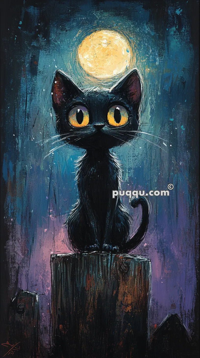 Painting of a black cat with big yellow eyes sitting on a wooden post with a glowing full moon behind it.