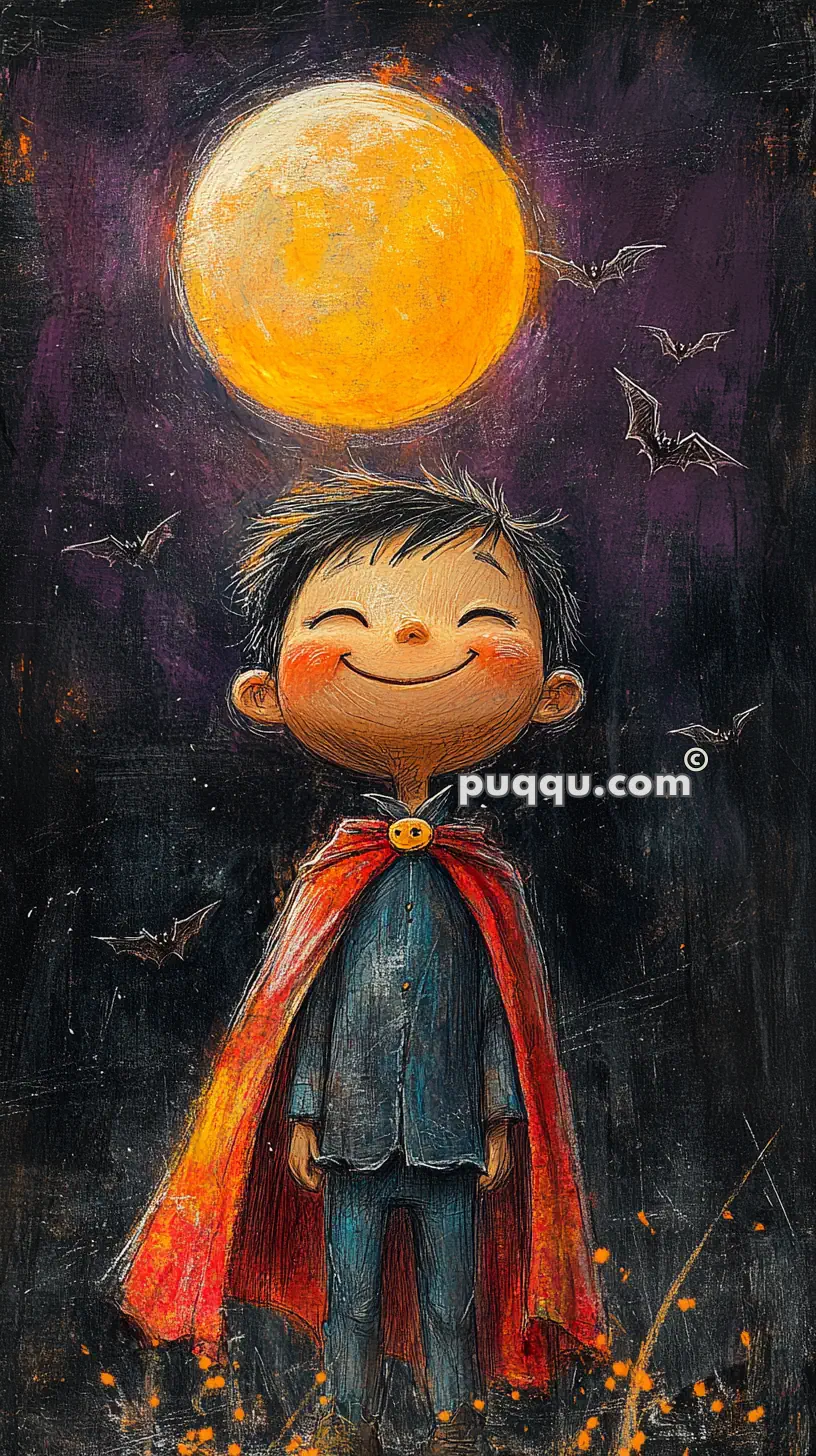 A child wearing a red cape stands smiling under a large full moon, with bats flying in the dark night sky.