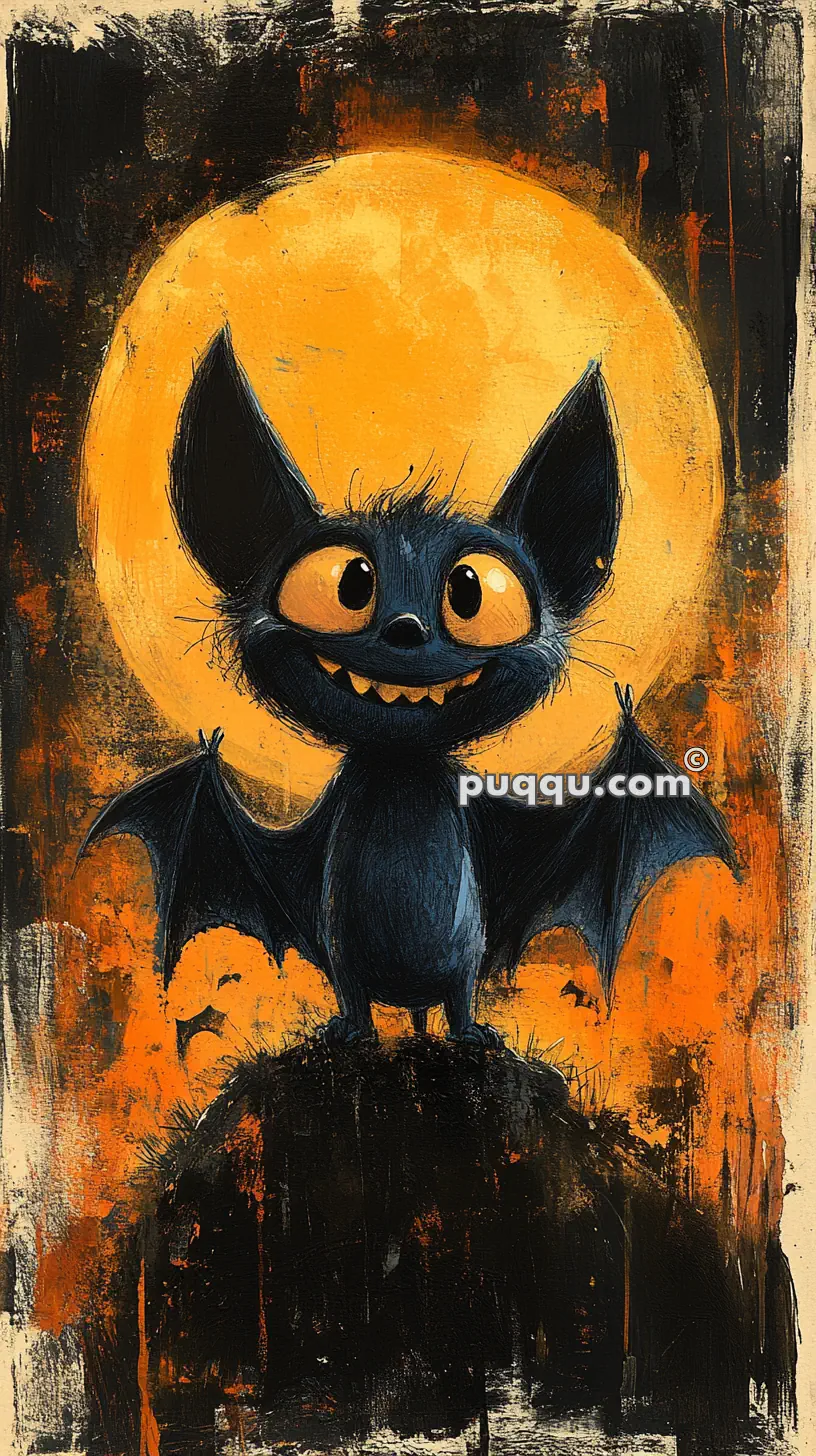 A cute, happy cartoon bat standing against a large, glowing, orange moon backdrop, with the name "puqqu.com" in the image.