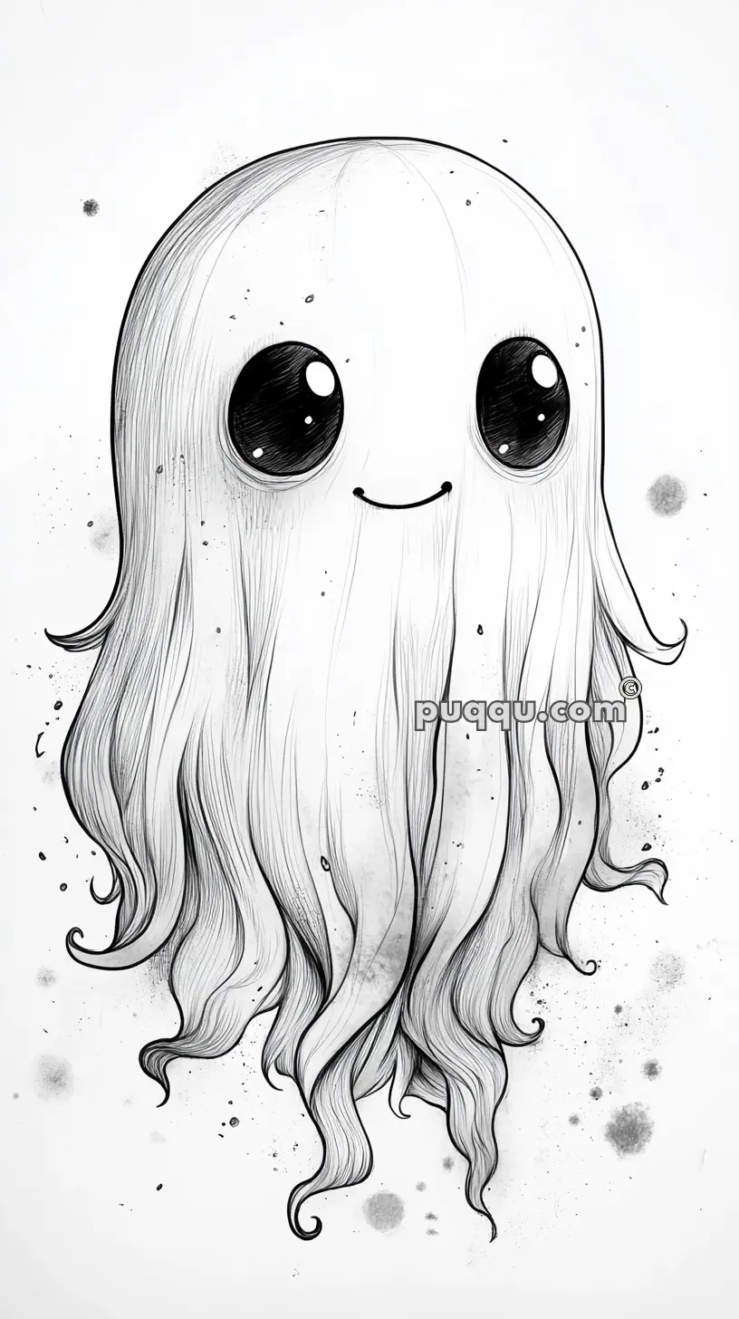 Cute drawing of a smiling ghost with large black eyes and flowing tentacle-like appendages.