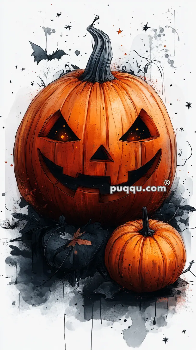 Illustration of two pumpkins, a large carved jack-o'-lantern and a smaller pumpkin, with a spooky background featuring bats and stars.