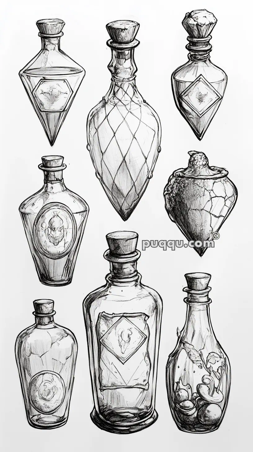 Ink drawings of eight variously shaped and intricately detailed bottles.