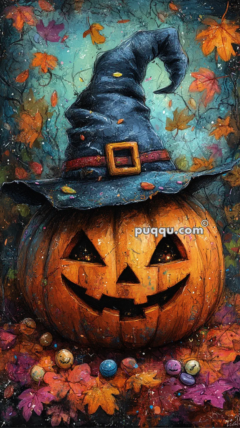 A carved jack-o'-lantern pumpkin wearing a tall, crooked witch's hat surrounded by colorful autumn leaves and small decorative pumpkins.