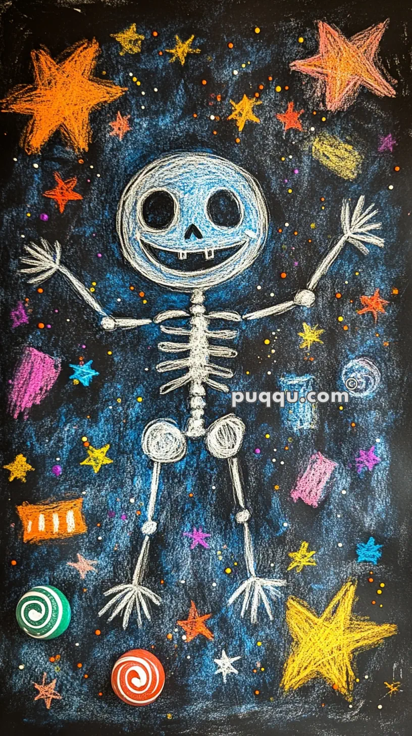 Colorful chalk drawing of a smiling skeleton surrounded by stars and candies on a dark background.