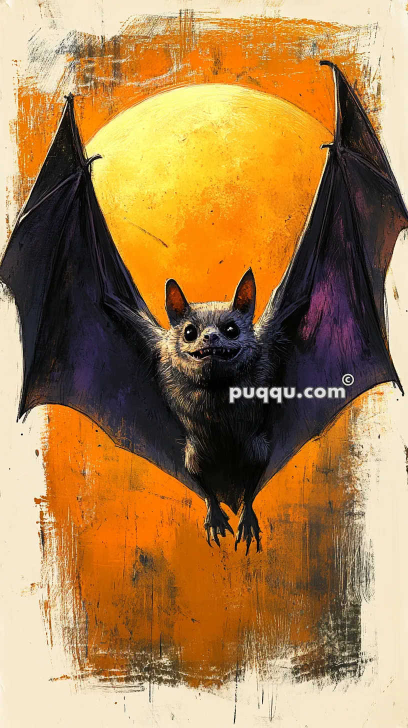 Illustration of a bat flying in front of a large, bright yellow moon against a textured, orange background.