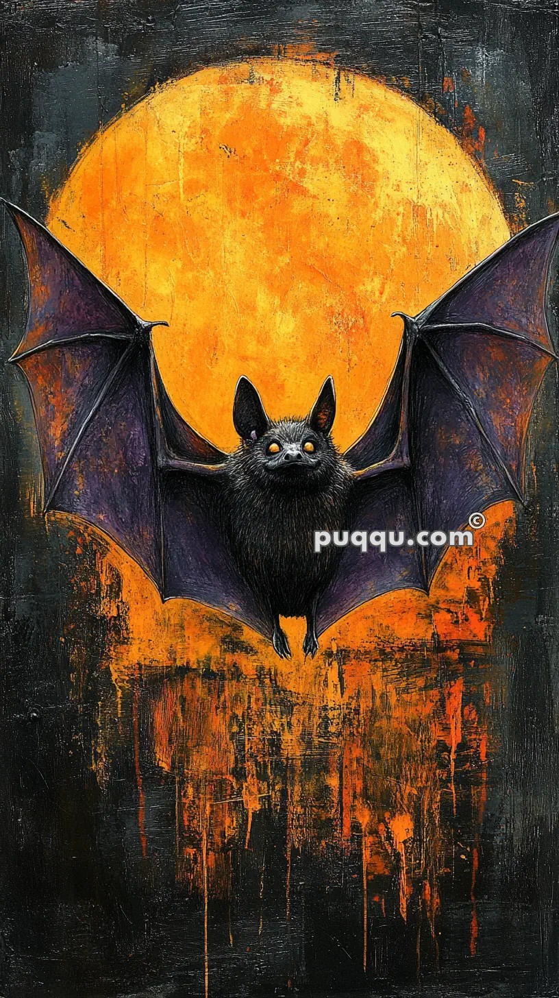 Illustration of a dark bat with outstretched wings in front of an orange full moon against a black background.