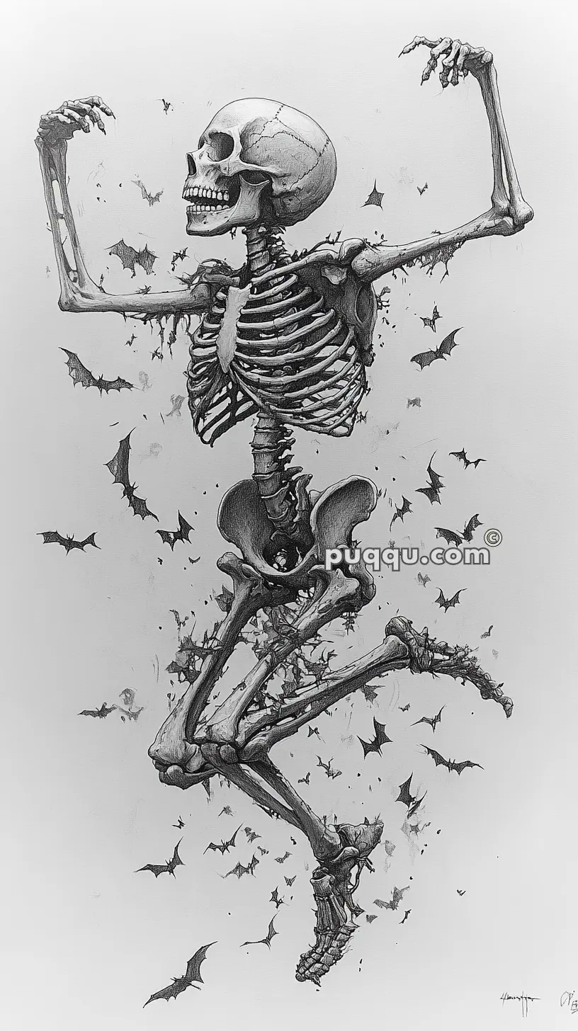 A detailed illustration of a dancing skeleton with various bats flying around it.