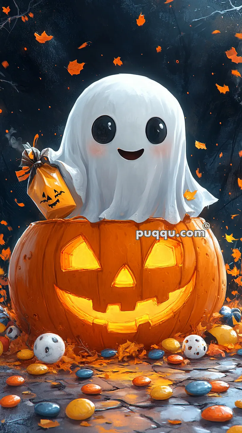 Cute cartoon ghost sitting inside a carved pumpkin with a glowing face, holding a small pumpkin-shaped bag, surrounded by colorful candies and falling autumn leaves.