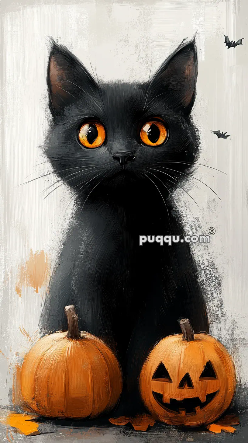 Illustration of a black cat with large orange eyes sitting between two pumpkins, one carved into a jack-o'-lantern, with small bats flying in the background.