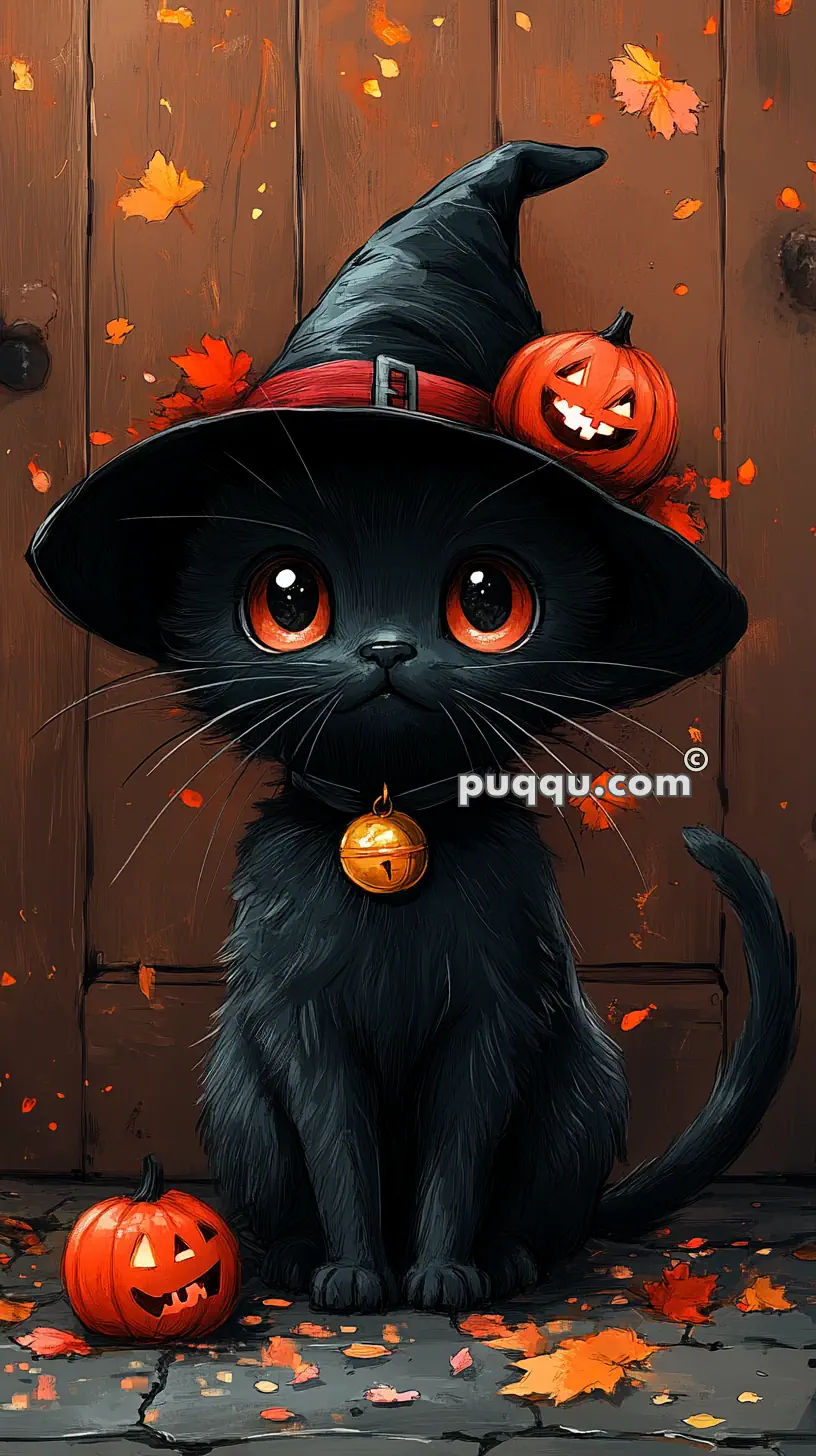 Black cat with large orange eyes wearing a witch hat next to two Jack-o'-lanterns against a wooden background with falling autumn leaves.