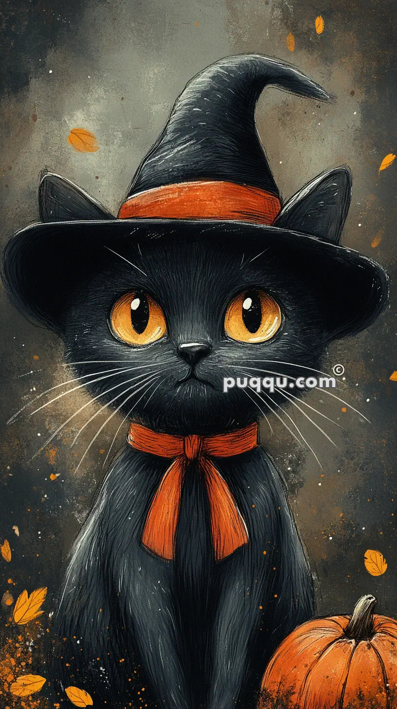 Illustration of a black cat with orange eyes wearing a witch hat and bow, with fall leaves and a pumpkin surrounding it.