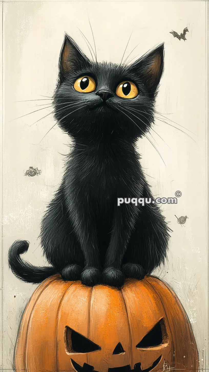 Illustration of a black kitten with large eyes sitting on a carved pumpkin, surrounded by flying bats and a small bug.