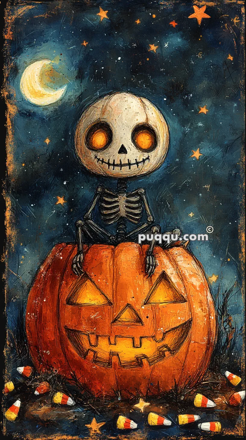 Skeleton character with a pumpkin head sitting on a carved jack-o'-lantern, surrounded by stars and candy corn under a crescent moon in a dark, starry sky.