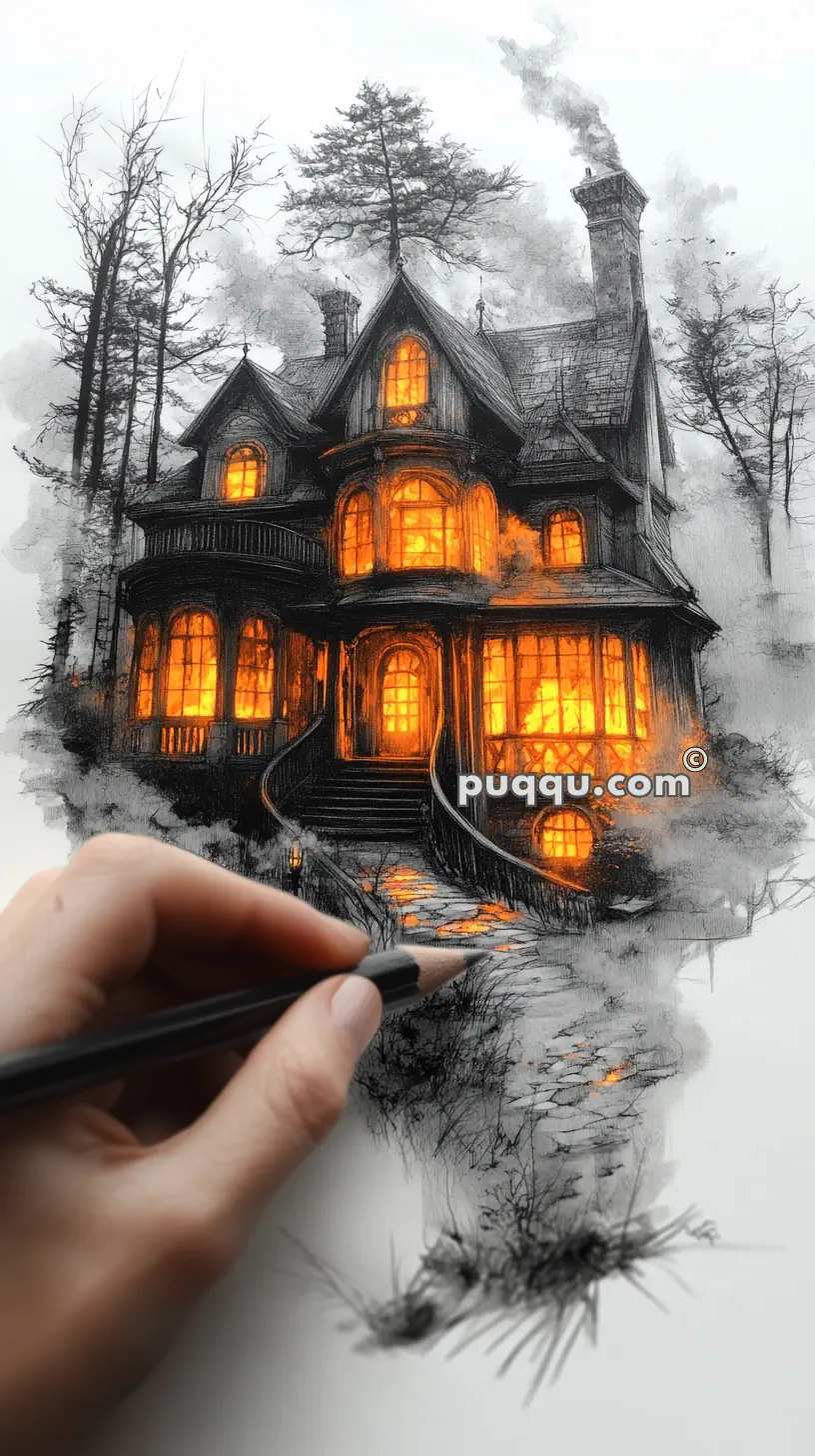 A hand sketching a dark, intricately designed house with glowing orange lights visible through the windows, surrounded by bare trees.