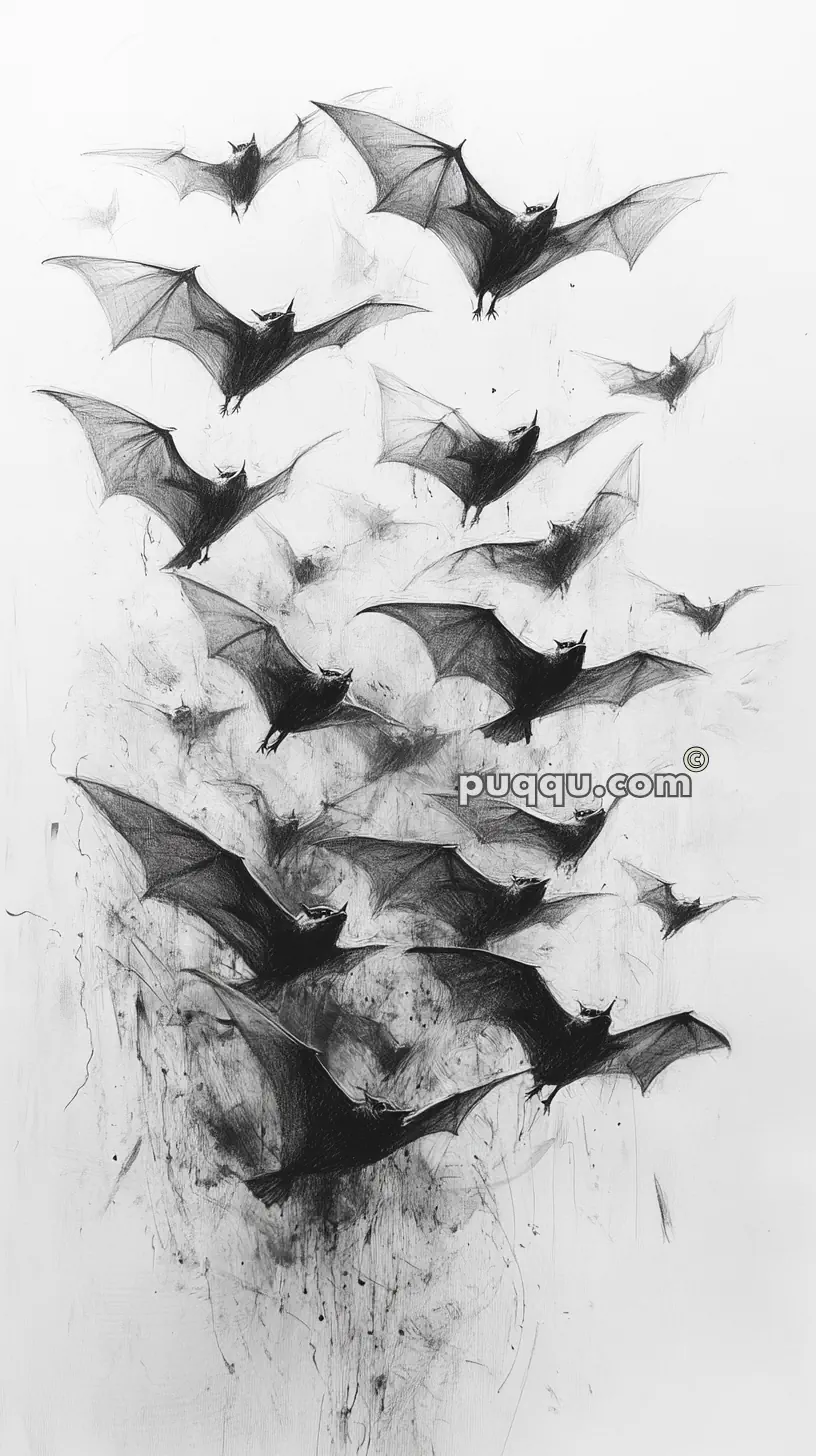 Illustration of multiple bats flying in various directions against a light background.