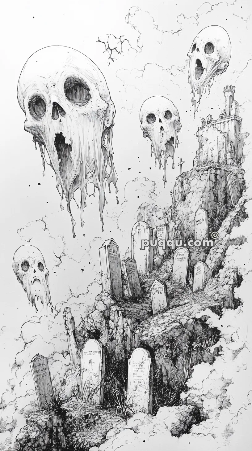 Illustration featuring a hill with multiple old tombstones leading up to a ruin on top, with large, grotesque floating skulls hovering around in a cloudy, eerie sky.