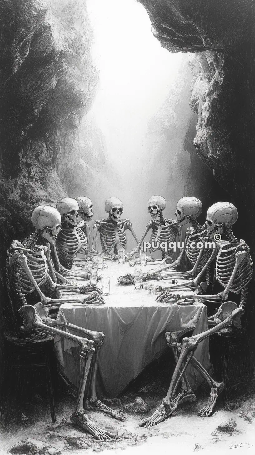 Skeletons sitting around a dining table set with glasses and plates, in a dark cave.