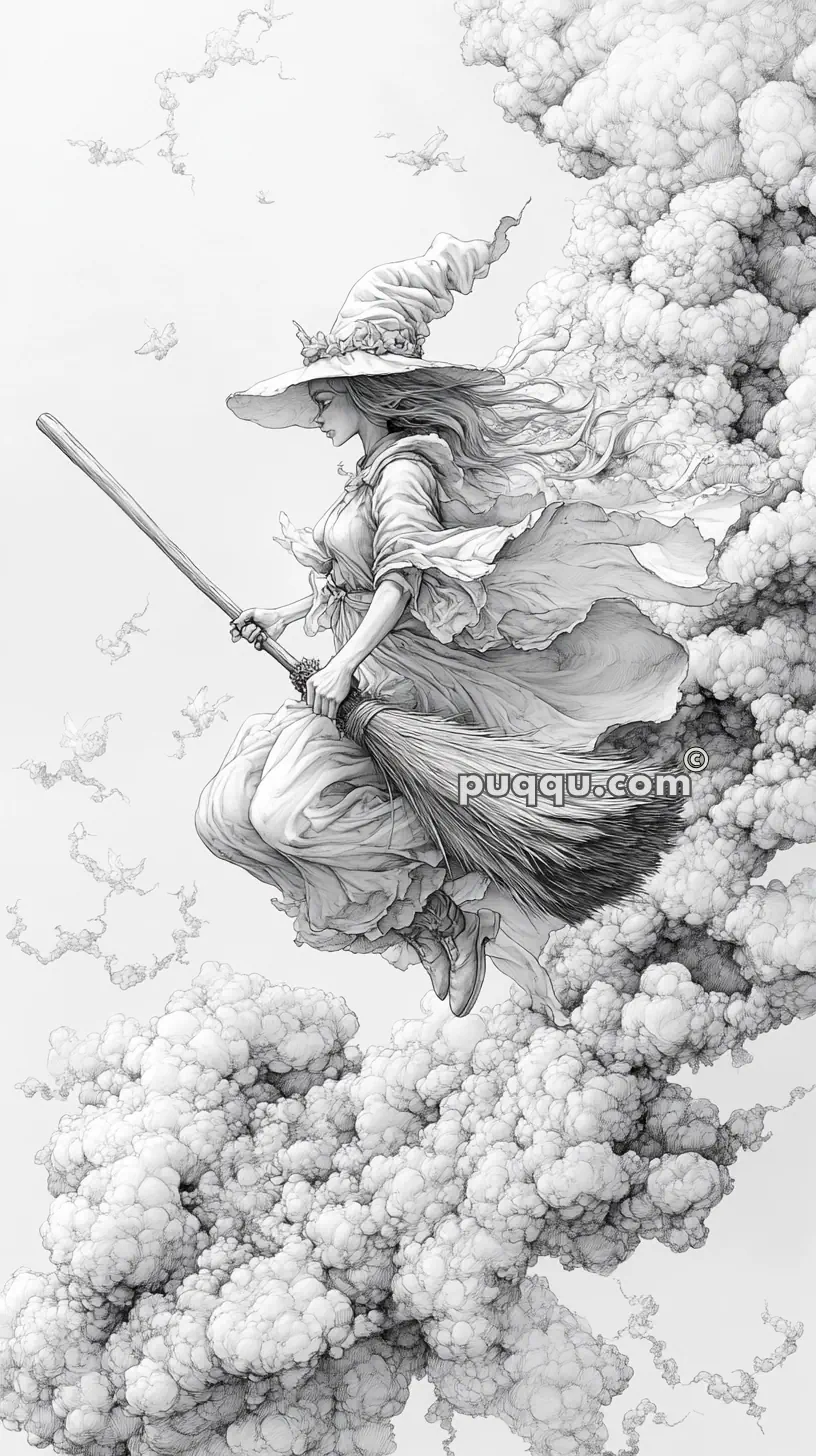 An illustration of a witch flying on a broomstick through wispy clouds in a detailed, monochrome sketch.